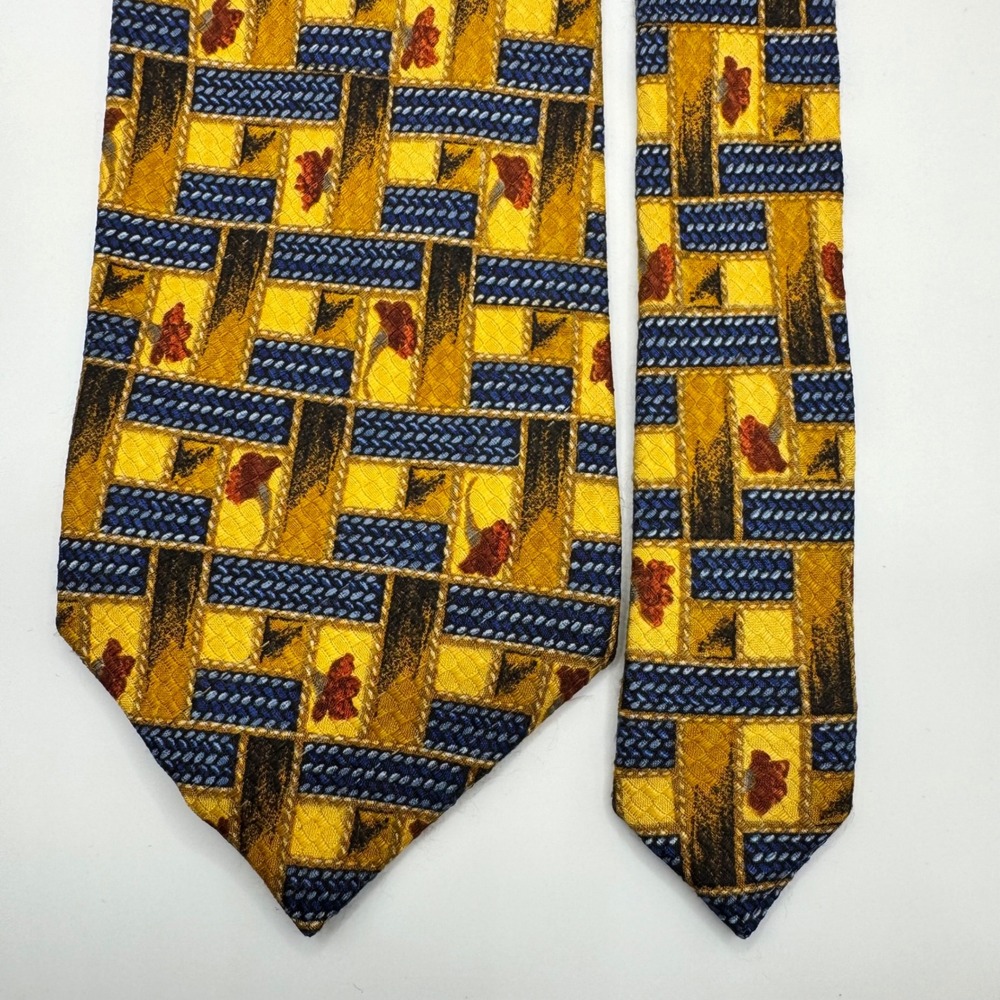 Ermenegildo Zegna Mens Silk Tie Yellow Blue Geometric Floral Weave Italy‎ Luxury - Picture 2 of 9